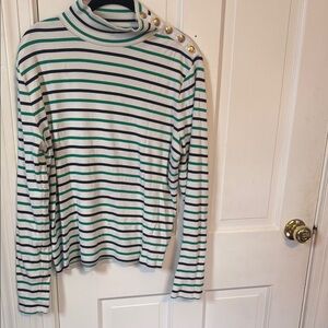 J. Crew Green and Blue Striped Turtleneck with Gold Buttons
